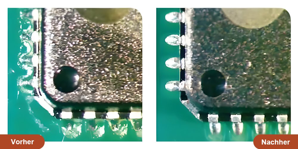 Vergleich vor und nach der Reinigung von PCB-Flussmittel auf dem Bauteil